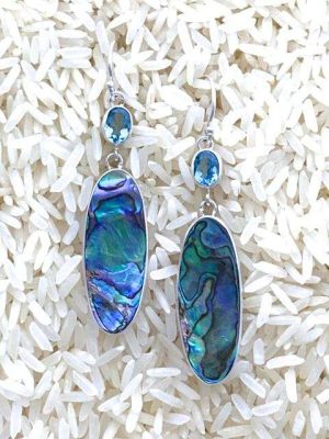 Paua Abalone Earrings Oval Wings Dangle w/ Oval Gemstone